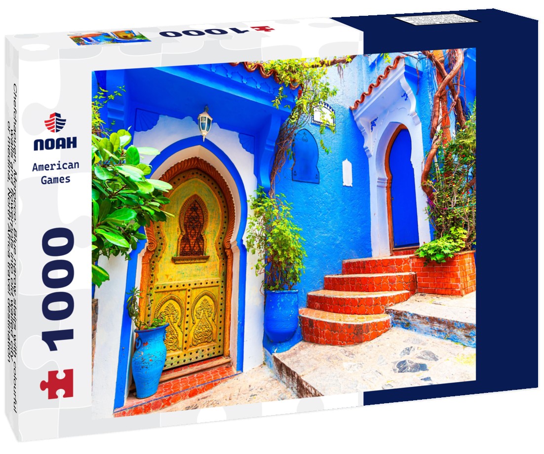 Noah Jigsaw Puzzle Chefchaouen, Morocco: Blue narow stairs with colourful walls and flowerpots into old walled city, or medina, North Africa travel destination 1000 pieces