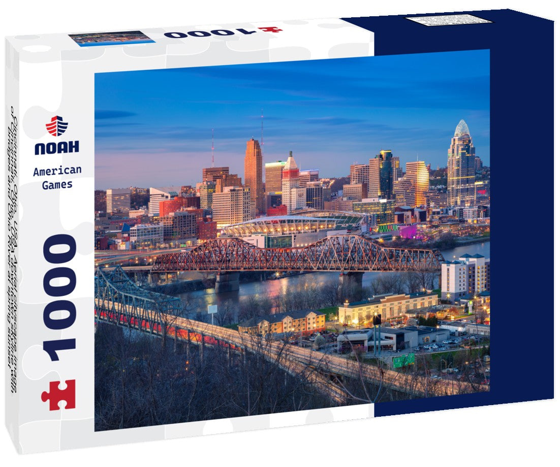 Noah Jigsaw Puzzle Cincinnati, Ohio, USA. Aerial cityscape image of Cincinnati, Ohio, USA downtown skyline with bridges and Ohio River at spring sunset 1000 pieces