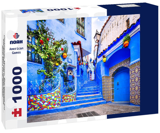 Noah Jigsaw Puzzle Chefchaouen, Morocco. Blue staircase and wall decorated with colorful flowerpots, North Africa travel destination 1000 pieces