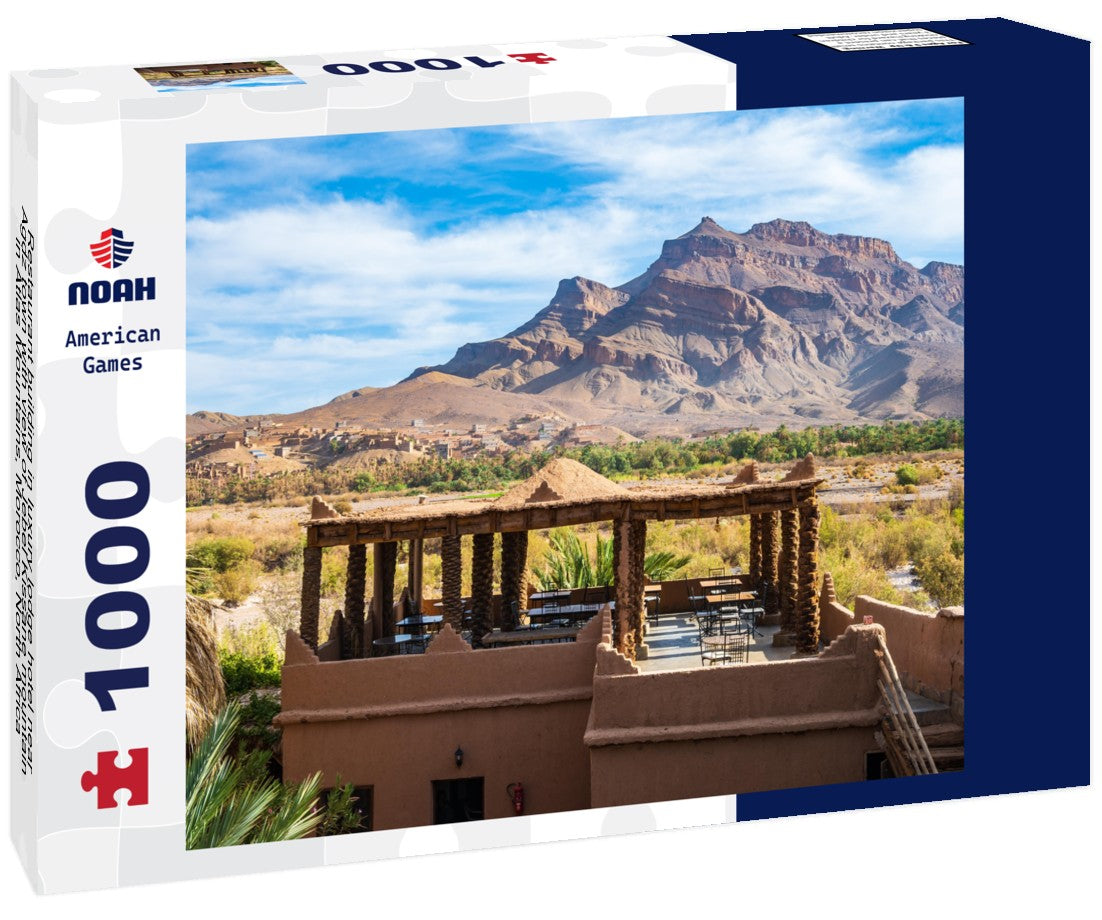 Restaurant building in luxury lodge hotel near Agdz town with view of Jebel Kissane mountain in Atlas Mountains, Morocco, North Africa 1000pc Puzzle