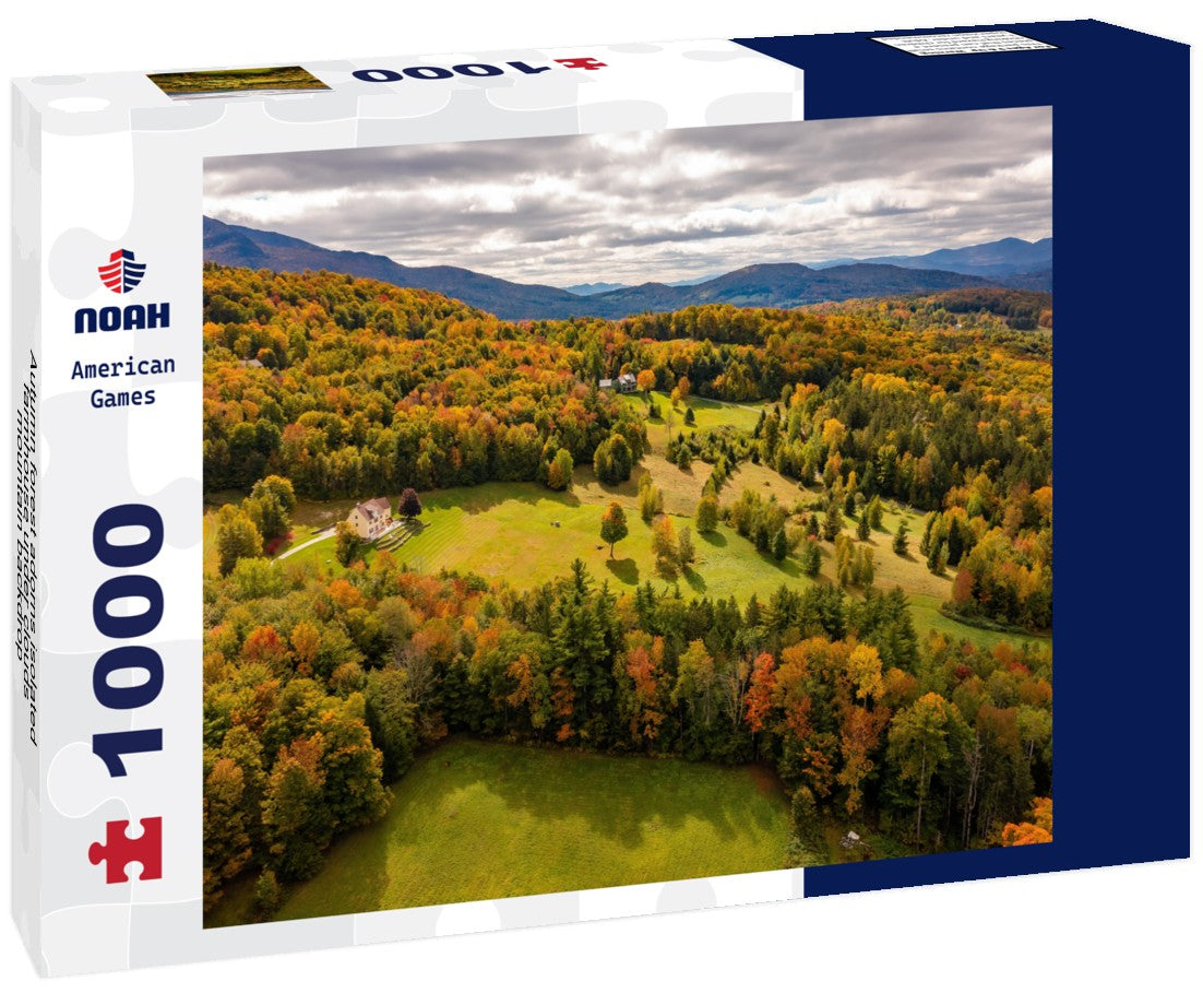 Noah Jigsaw Puzzle Autumn forest adorns isolated farmhouse under clouds, mountain backdrop, Vermont, USA 1000 pieces