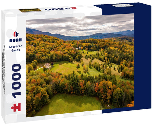 Noah Jigsaw Puzzle Autumn forest adorns isolated farmhouse under clouds, mountain backdrop, Vermont, USA 1000 pieces