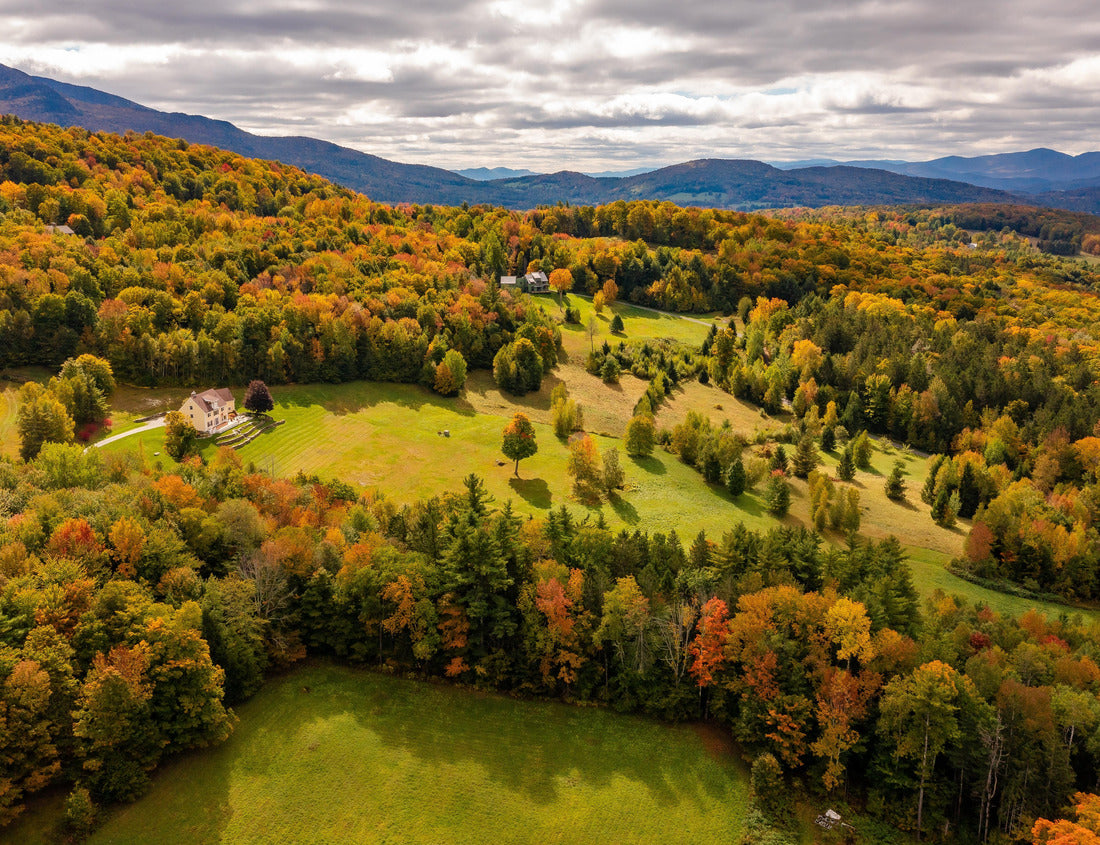 Noah Jigsaw Puzzle Autumn forest adorns isolated farmhouse under clouds, mountain backdrop, Vermont, USA 1000 pieces