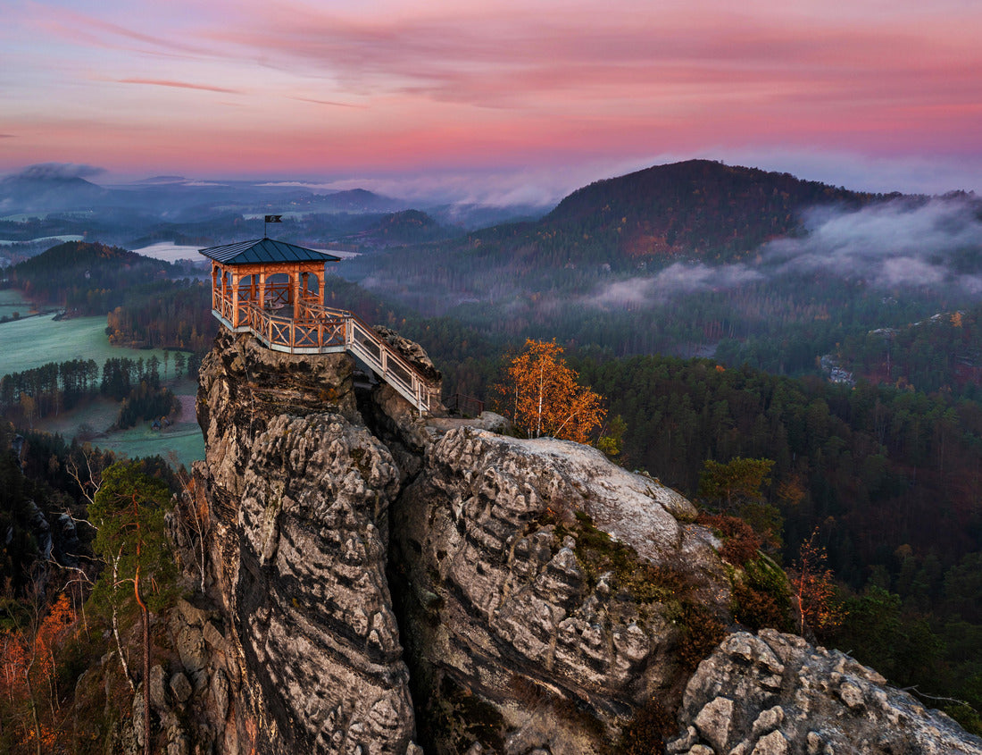 Noah Jigsaw Puzzle Jetrichovice, Czech Republic - Aerial panoramic view of Mariina Vyhlidka (Mary's view) lookout with foggy Czech autumn landscape and colorful pink sunrise sky in Bohemian Switzerland region 1000 pieces