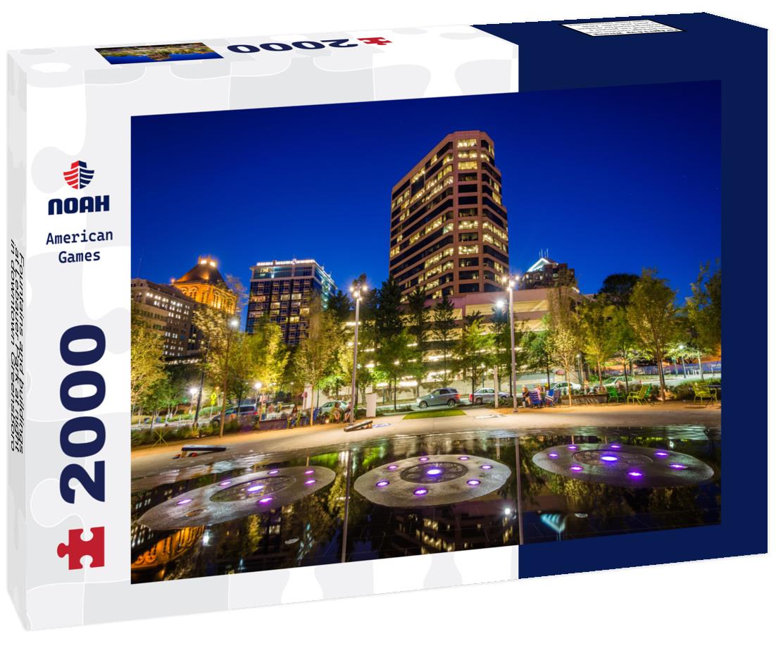 Noah Jigsaw Puzzle Fountains and buildings at Lebauer Park at night, in downtown Greensboro, North Carolina 2000 pieces