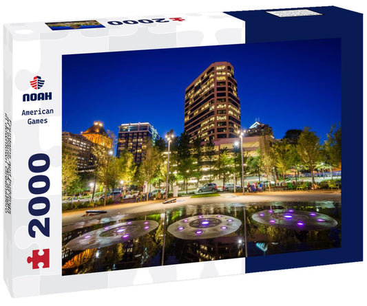Noah Jigsaw Puzzle Fountains and buildings at Lebauer Park at night, in downtown Greensboro, North Carolina 2000 pieces