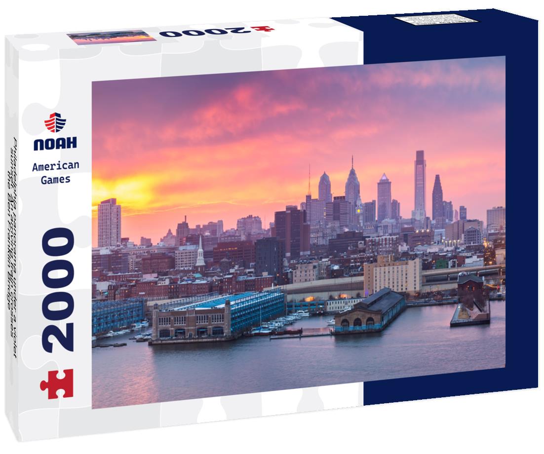 Noah Jigsaw Puzzle Philadelphia panorama under a violet sunset. An arriving train crosses the Ben Franklin Bridge 2000 pieces