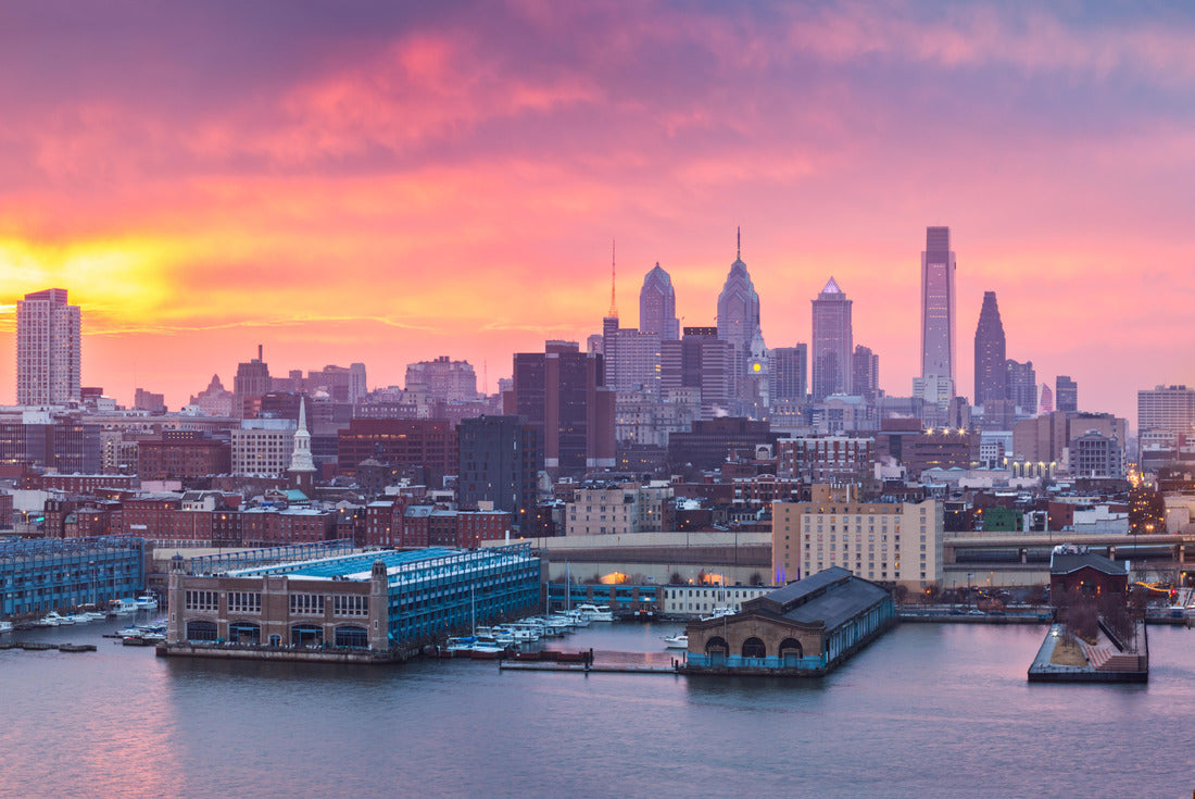 Noah Jigsaw Puzzle Philadelphia panorama under a violet sunset. An arriving train crosses the Ben Franklin Bridge 2000 pieces