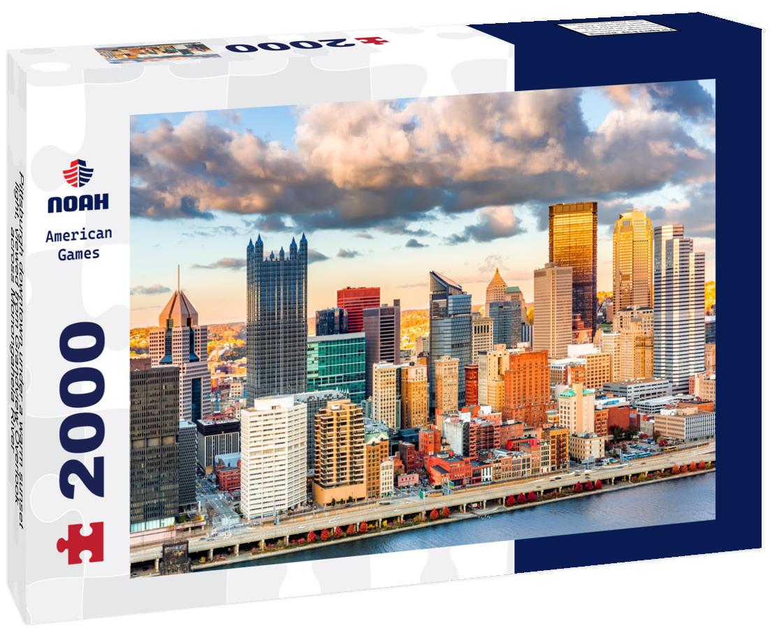 Noah Jigsaw Puzzle Pittsburgh downtown under a warm sunset light, viewed from Grandview Overlook across Monongahela River 2000 pieces