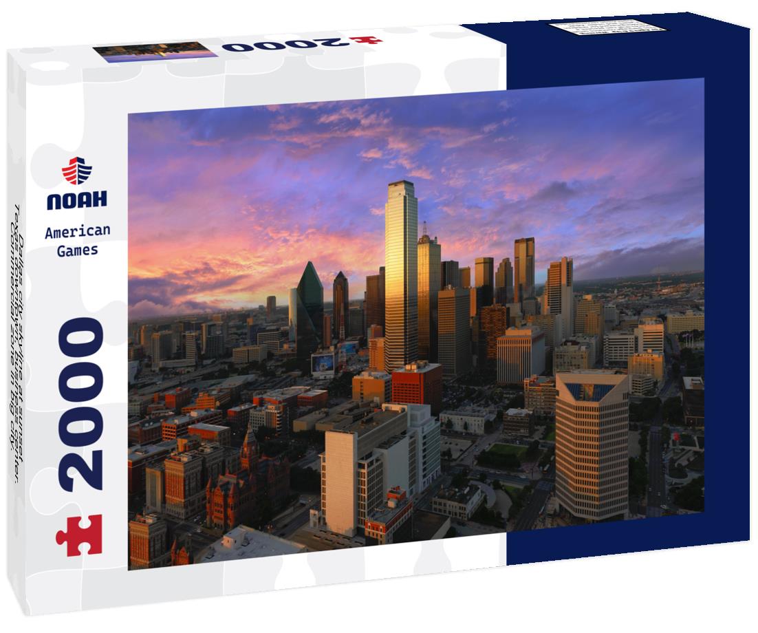 Noah Jigsaw Puzzle Dallas city skyline at sunset, Texas downtown, business center. Commercial zone in big city. View from Reunion Tower 2000 pieces