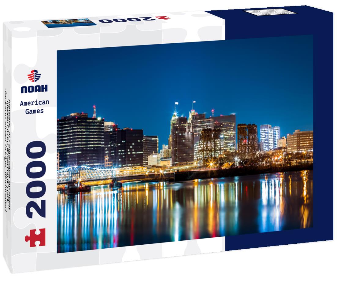 Noah Jigsaw Puzzle Newark, NJ cityscape by night, viewed from Riverbank park. Jackson street bridge, illuminated, spans the Passaic River 2000 pieces