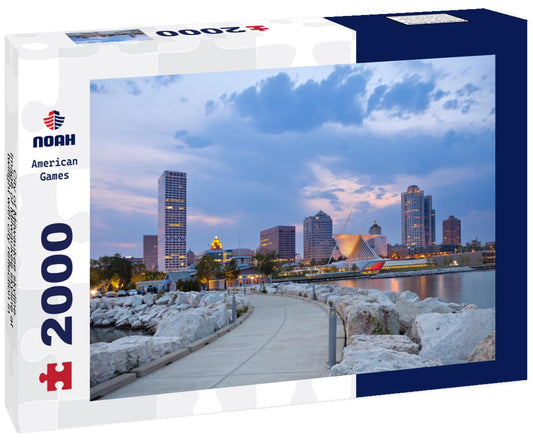 Noah Jigsaw Puzzle City of Milwaukee skyline. Image of Milwaukee skyline at twilight with city reflection in lake Michigan and harbor pier 2000 pieces