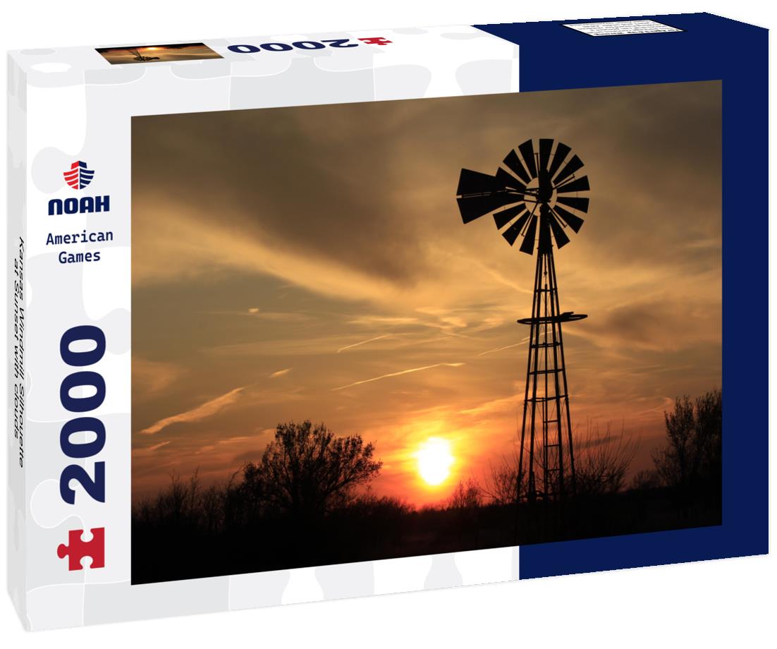 Noah Jigsaw Puzzle Kansas Windmill Silhouette at Sunset with clouds 2000 pieces