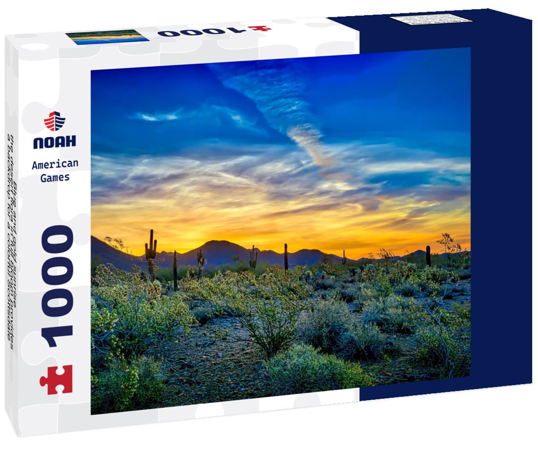 Noah Jigsaw Puzzle Blue and gold sunrise - the desert flora in full bloom provides a backdrop for a colorful Scottsdale, Arizona sunrise rich in golds and blues 1000 Pieces