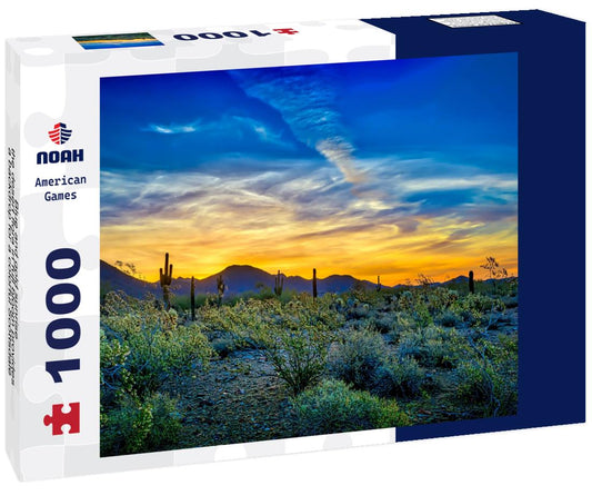 Noah Jigsaw Puzzle Blue and gold sunrise - the desert flora in full bloom provides a backdrop for a colorful Scottsdale, Arizona sunrise rich in golds and blues 1000 Pieces