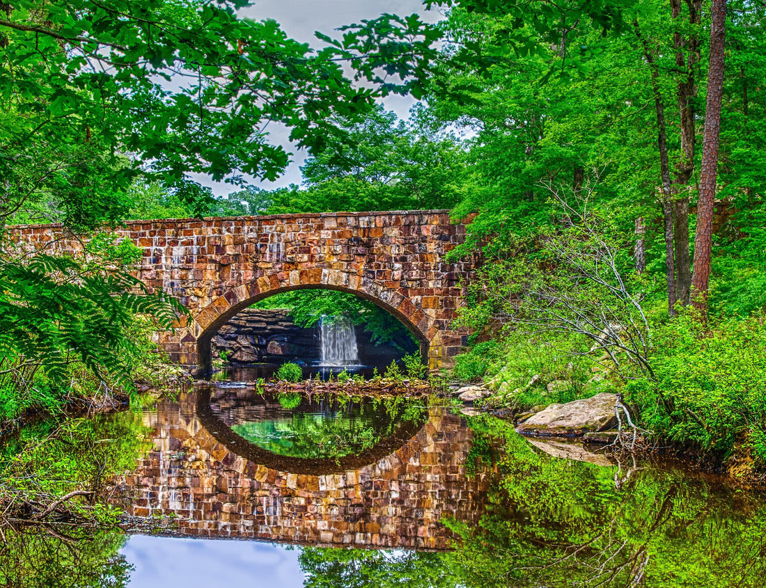 Noah Jigsaw Puzzle Bridge, waterfall and foliage reflections of scenic Davies Bridge in Petit Jean State Park near Russellville AR 1000 Pieces