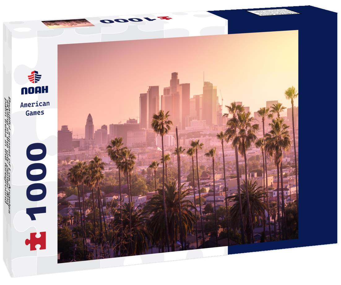 Noah Jigsaw Puzzle Beautiful sunset of Los Angeles skyline in the city center and palm trees in the foreground 1000 Pieces