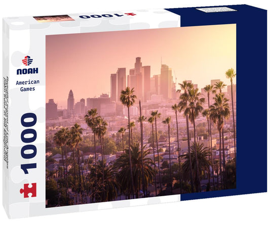 Noah Jigsaw Puzzle Beautiful sunset of Los Angeles skyline in the city center and palm trees in the foreground 1000 Pieces