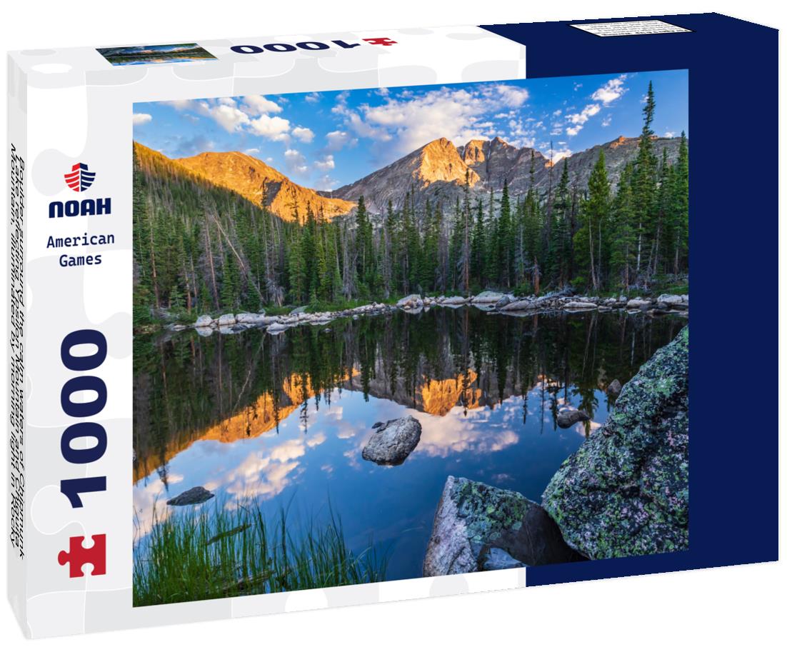 Noah Jigsaw Puzzle Boulder surround the calm waters of Chipmunk Lake reflecting Ypsilon Mountain and Chiquita Mountain, illuminated by morning light in Rocky Mountain National Park, Colorado 1000 Pieces