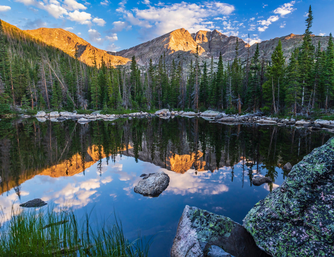 Noah Jigsaw Puzzle Boulder surround the calm waters of Chipmunk Lake reflecting Ypsilon Mountain and Chiquita Mountain, illuminated by morning light in Rocky Mountain National Park, Colorado 1000 Pieces