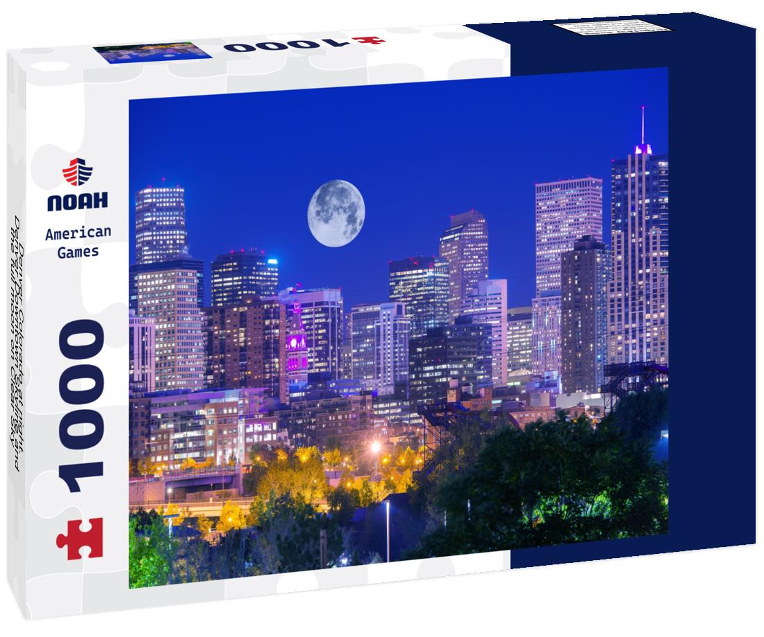 Noah Jigsaw Puzzle Denver Colorado at night. Denver Downtown Skyline and the full moon on Clear Sky 1000 Pieces