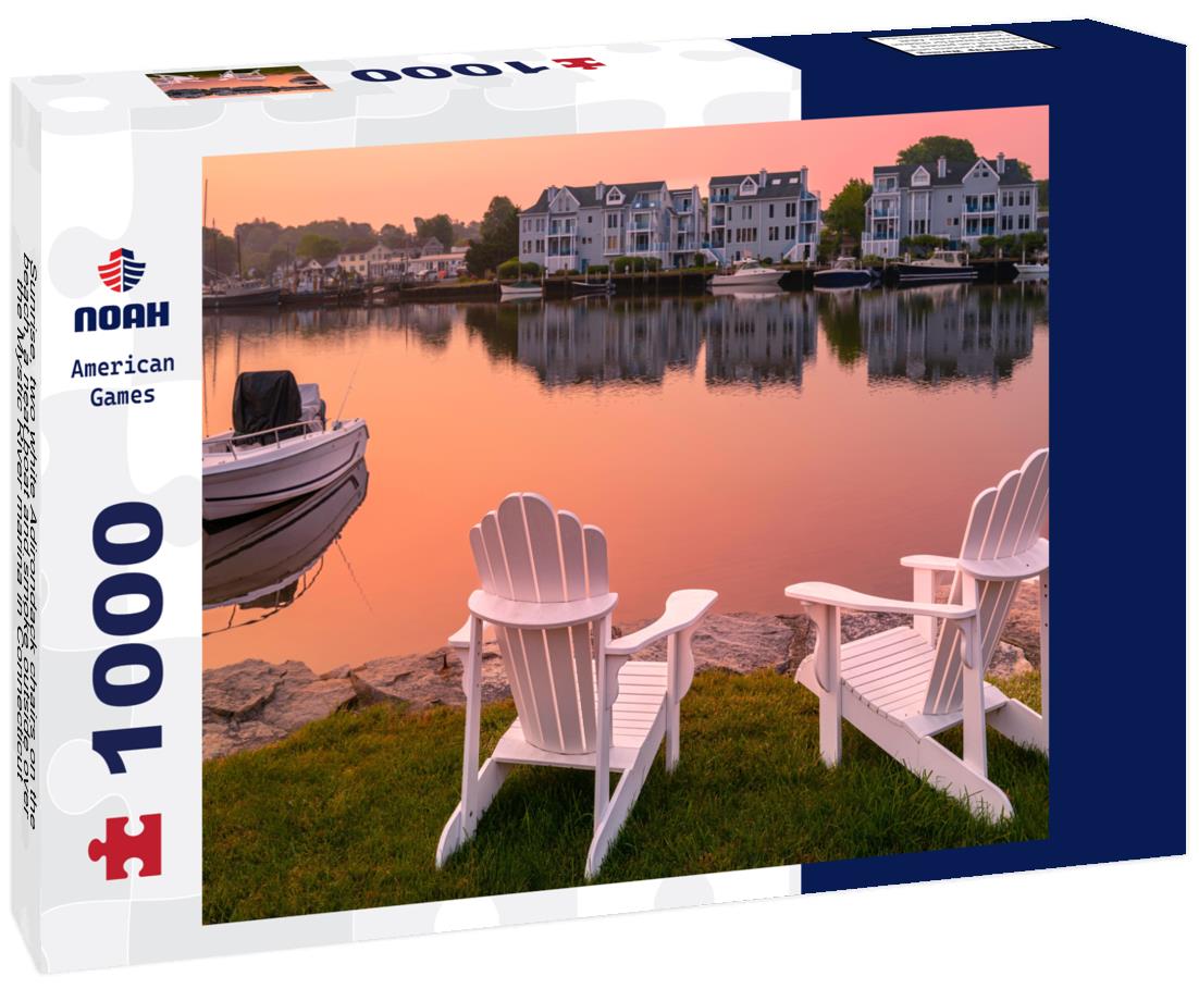 Sunrise, two white Adirondack chairs on the beach, a neat boat and smoke outside over the Mystic River marina in Connecticut 1000pc Puzzle