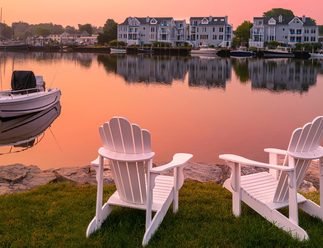 Sunrise, two white Adirondack chairs on the beach, a neat boat and smoke outside over the Mystic River marina in Connecticut 1000pc Puzzle