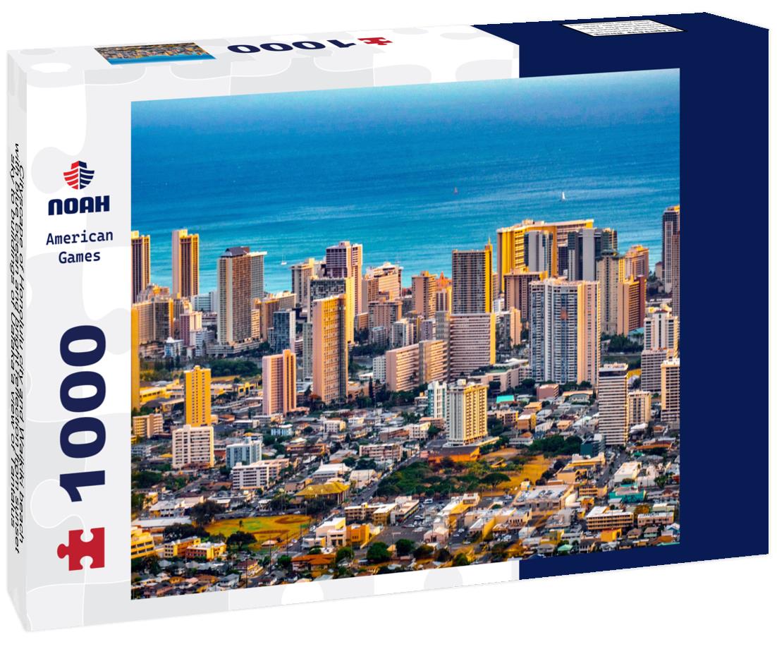Noah Jigsaw Puzzle Cityscape of Honolulu city and Waikiki beach with blue ocean and bright reflection from sunset sky to buildings of Ualaka'a view of Tantalus mountain in Honolulu, Oahu, Hawaii USA 1000 Pieces