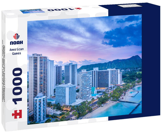 Noah Jigsaw Puzzle Waikiki sunrise behind Diamond Head crater in Honolulu Hawaii on O'ahu, aerial view of a Hawaiian beach at sunrise 1000 Pieces