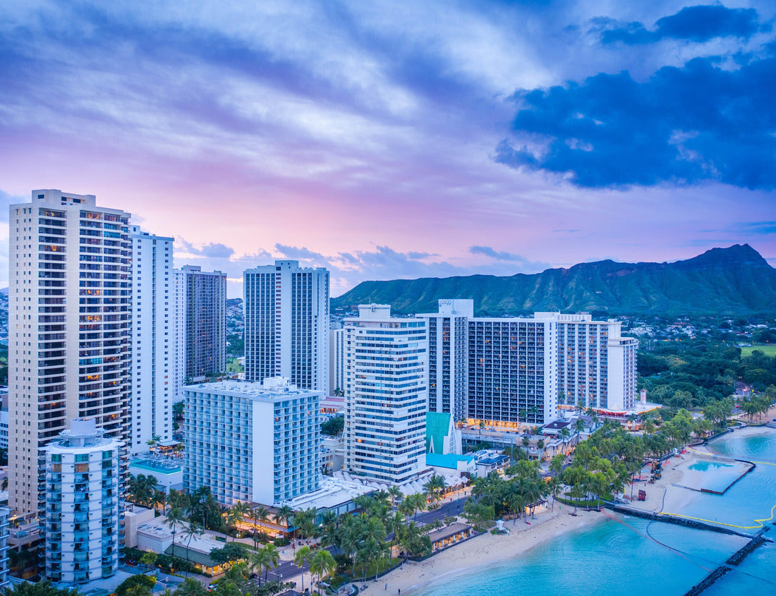 Waikiki sunrise behind Diamond Head crater in Honolulu Hawaii on O'ahu, aerial view of a Hawaiian beach at sunrise 1000pc Puzzle