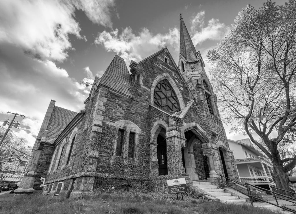 A historic church in Brattleboro, Vermont in black white