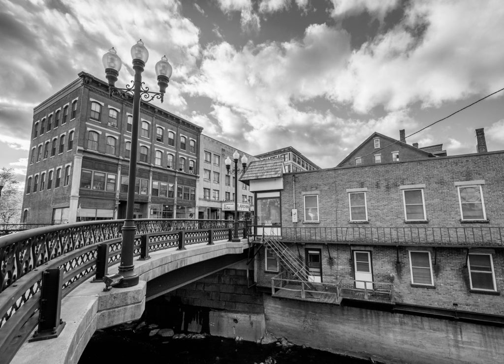 Buildings along Main Street, in downtown Brattleboro, Vermont in black white