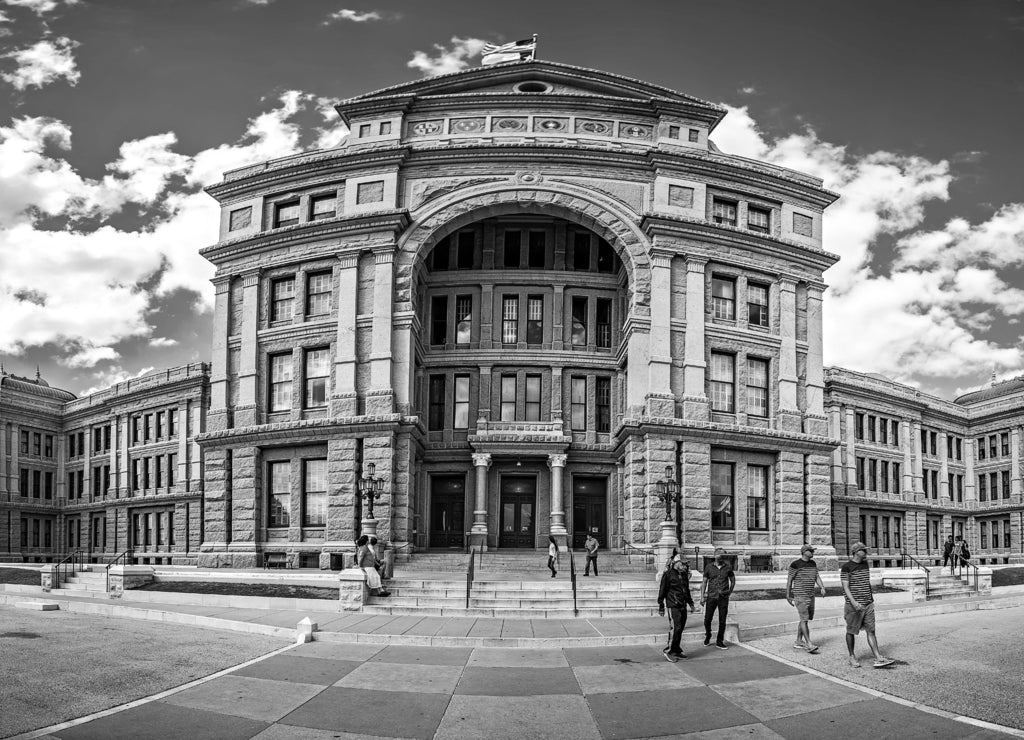 Austin texas city and state capitol building in black white