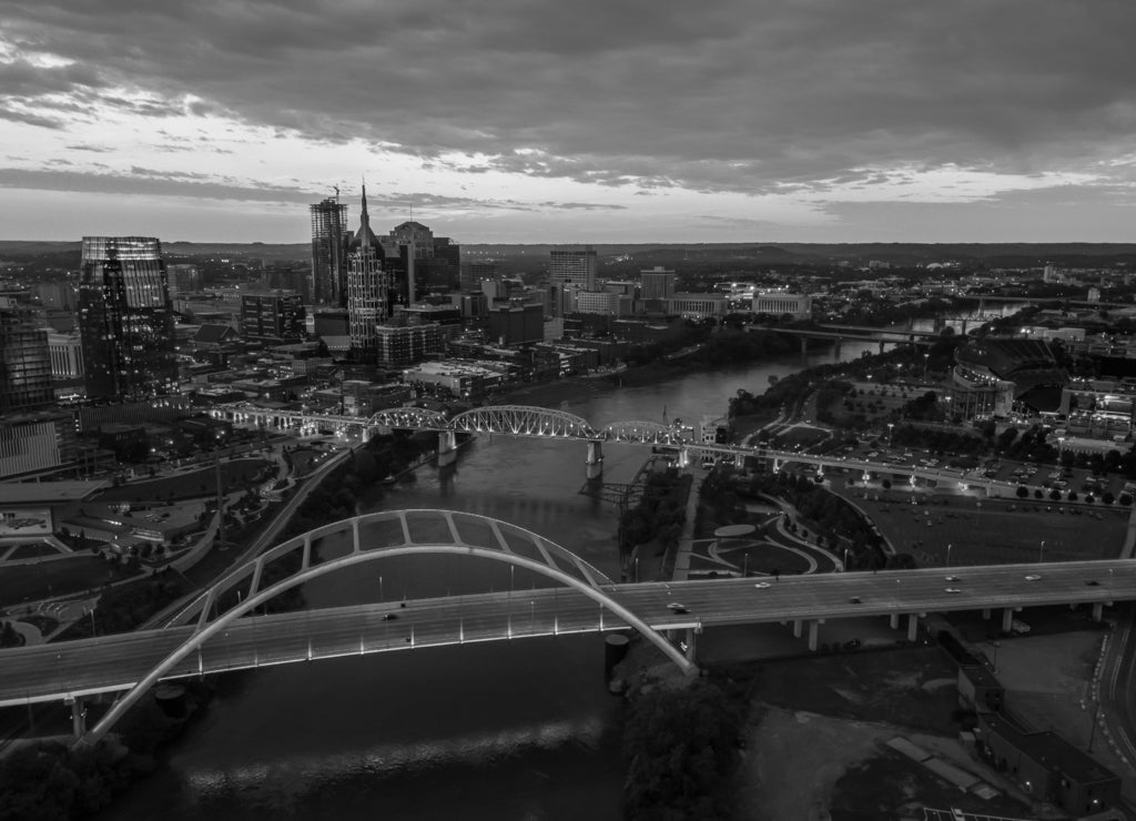 Nashville skyline with drone, Tennessee in black white