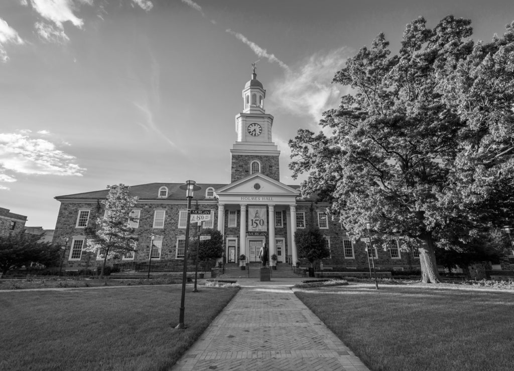 Holmes Hall at Morgan State University in Baltimore, Maryland in black white