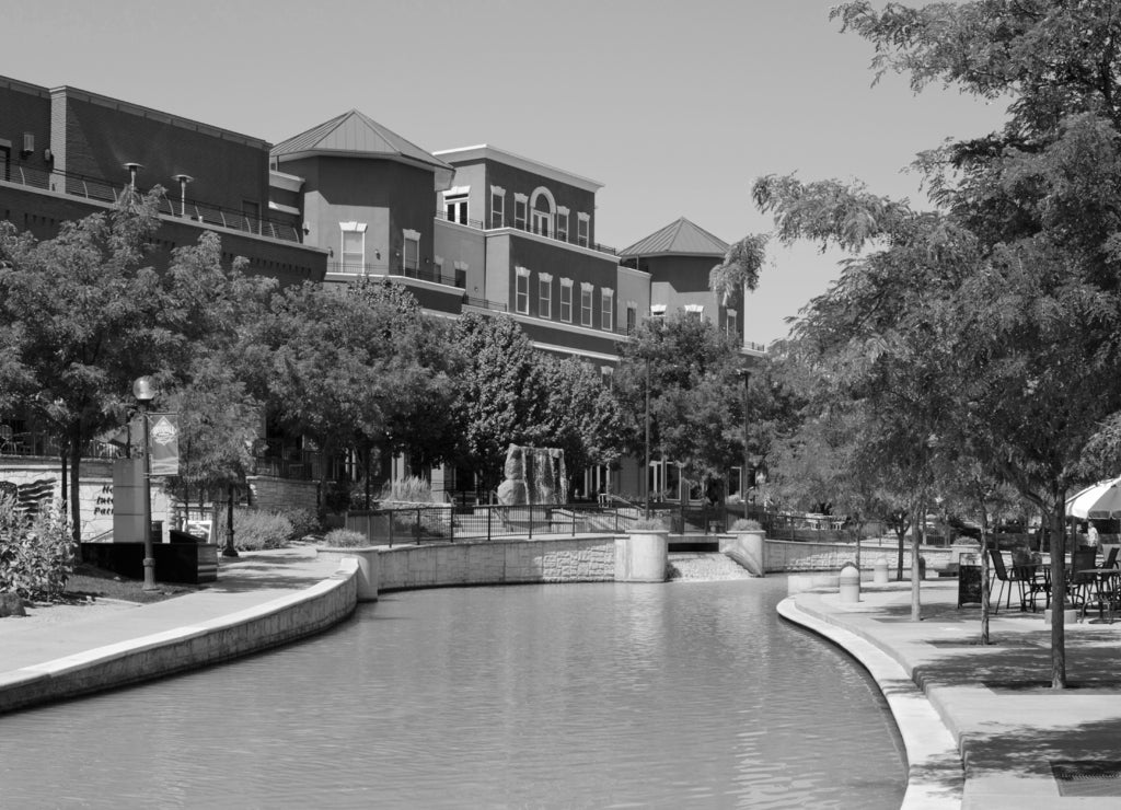 Riverwalk in Pueblo, Colorado in black white