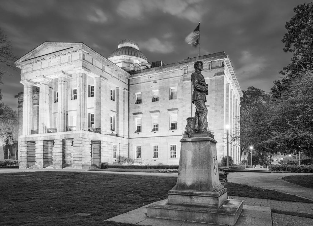North Carolina State Capitol in Raleigh, North Carolina, USA at twilight in black white