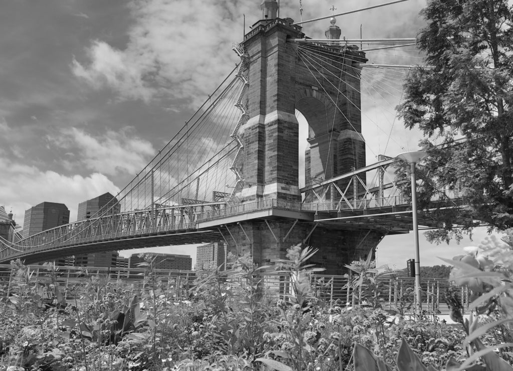 The John A. Roebling Bridge was built in 1866 to connect Covington Kentucky to Cincinnati , Ohio. It spans the Ohio River in black white