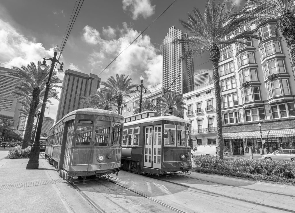 New Orleans, Louisiana, USA streetcars in black white