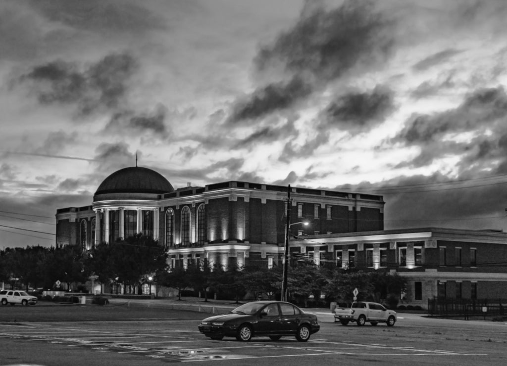Warren County Justice Center at dusk Kentucky in black white