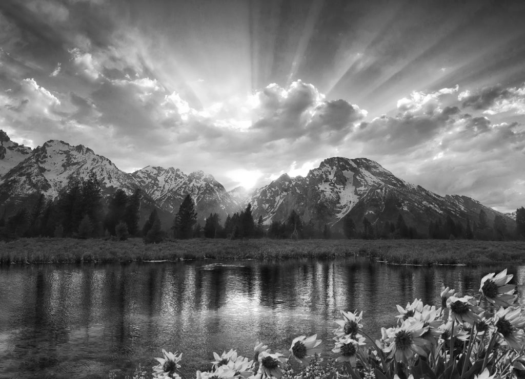 Grand Tetons and reflection, Wyoming in black white