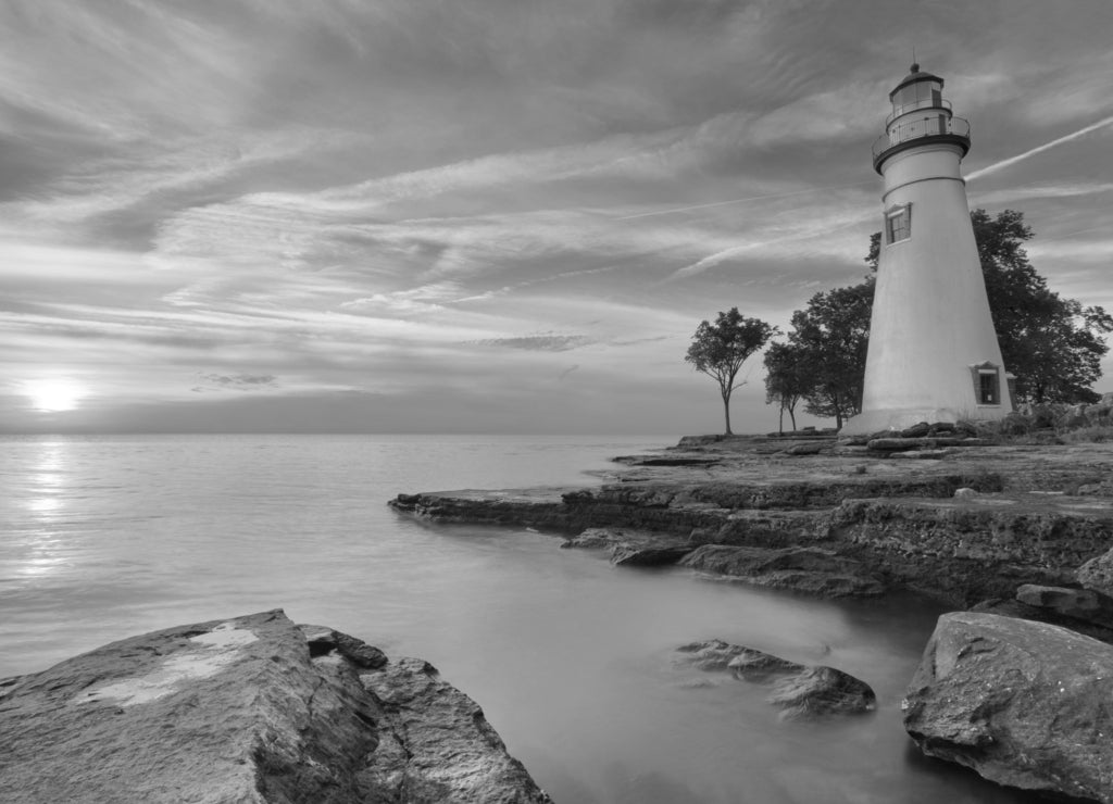 Marblehead Lighthouse on Lake Erie, USA at sunrise, Ohio in black white