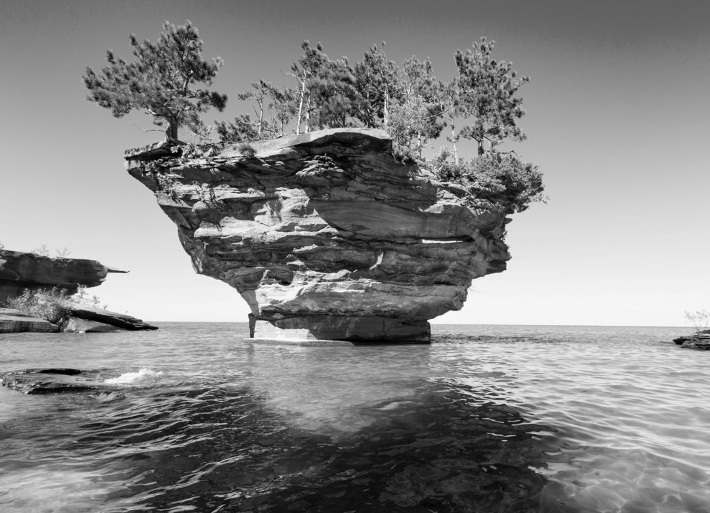 Lake Huron's Turnip Rock, near Port Austin Michigan in black white