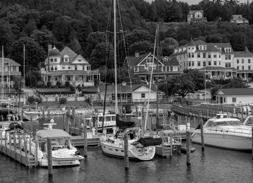 Mcakinac island dock, Michigan lake in black white