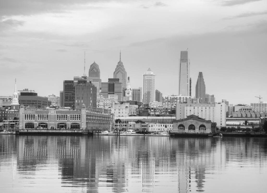 Philadelphia cityscape at sunrise, Pennsylvania in black white