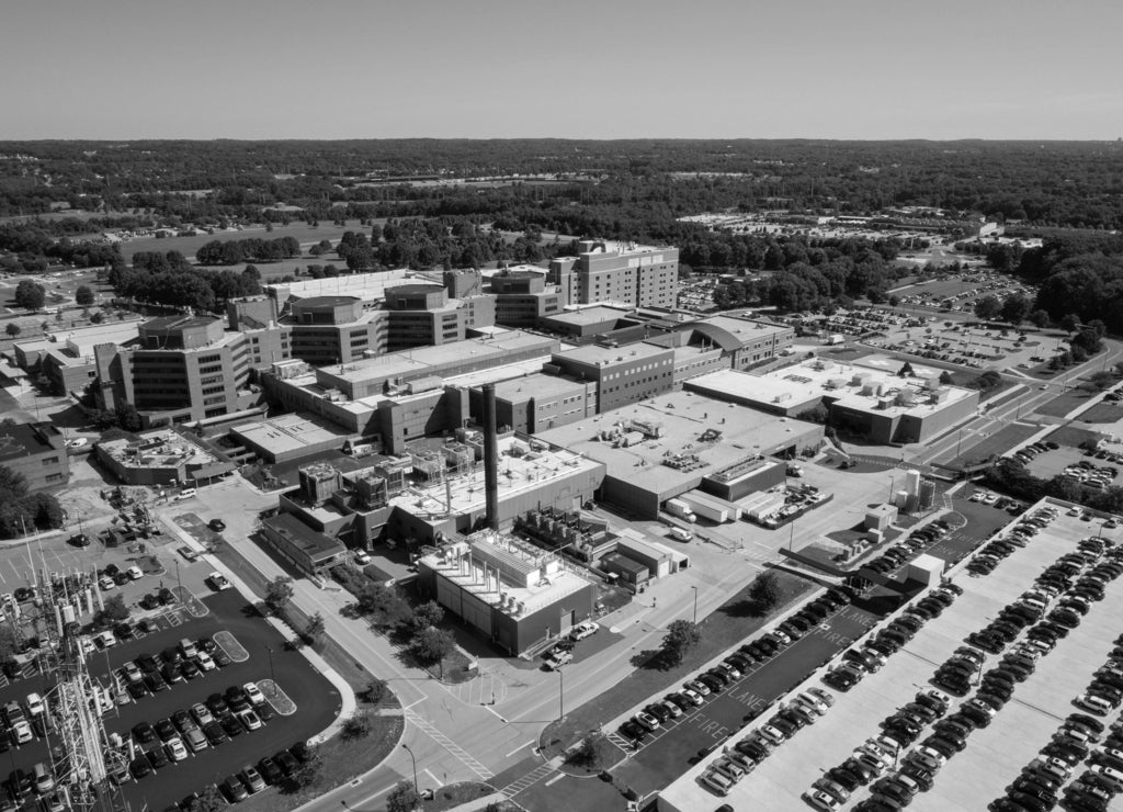 Aerial image of Christiana Hospital Newark DE USA in black white