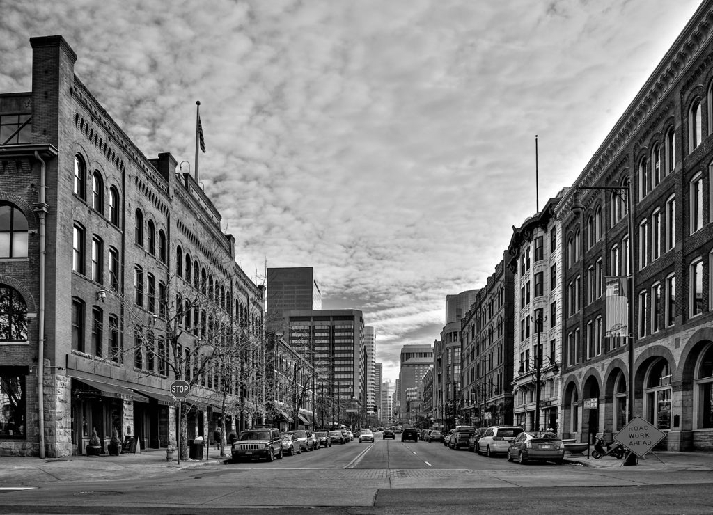 17th Street, Downtown, Denver, Colorado in black white