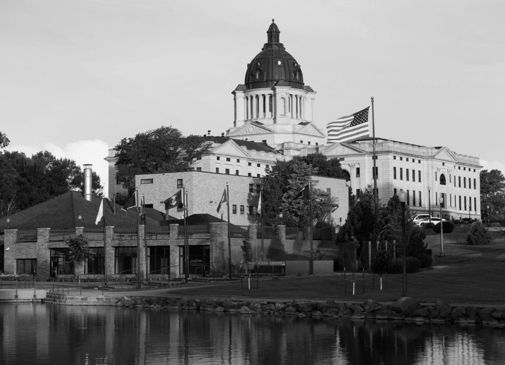 Sun Rising South Dakota State Capital Building Hughes County Pierre South Dakota in black white
