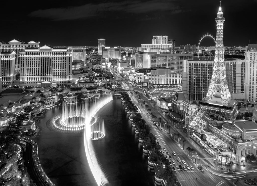 Las Vegas strip, Aerial view, Nevada in black white