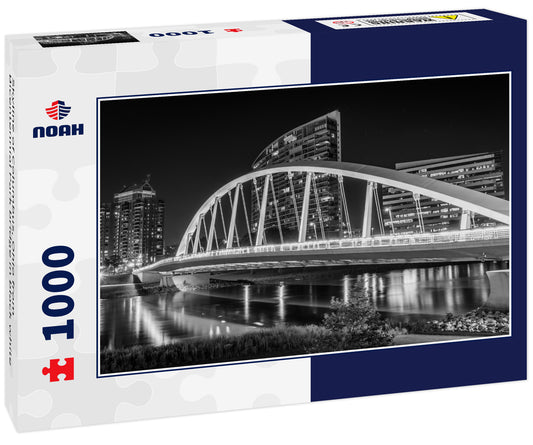 Skyline of Columbus, Ohio from Bicentennial Park bridge in black white